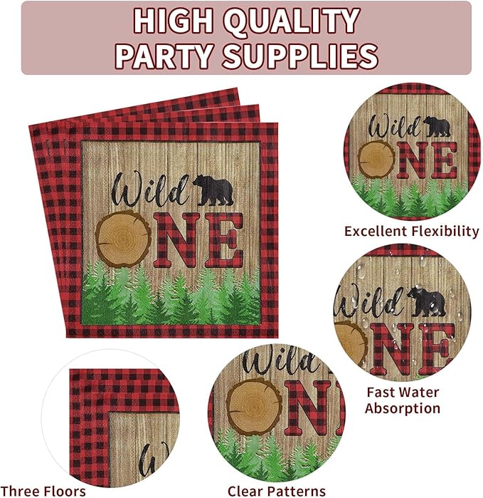 96Pcs Lumberjack Wild One Birthday Decorations Buffalo Plaid