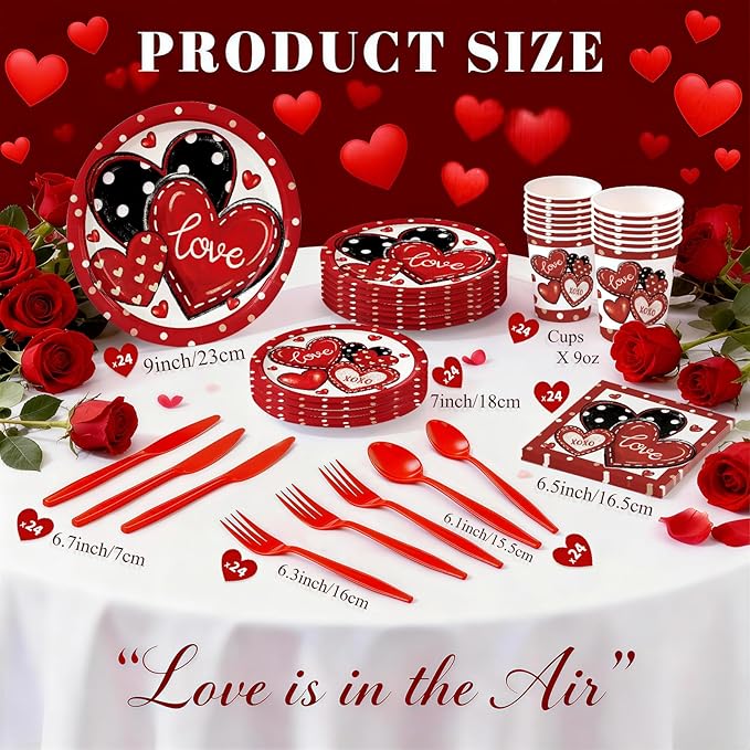 168Pcs Valentine's Day Party Supplies Red and Black Heart Party