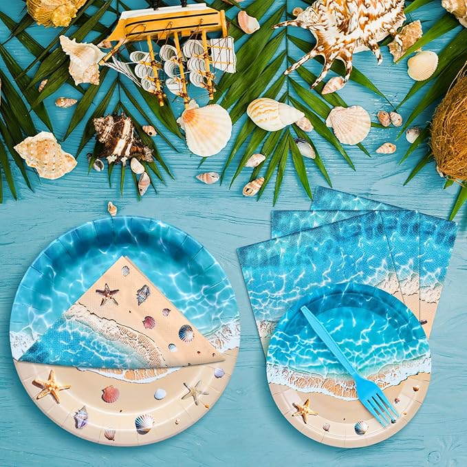 100 Pcs Summer Beach Tableware Party Supplies Disposable Ocean Waves