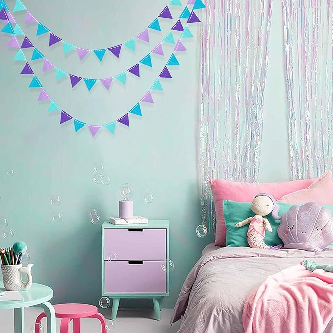 Mermaid Party Decorations Purple Teal Felt Hanging Triangle Mini