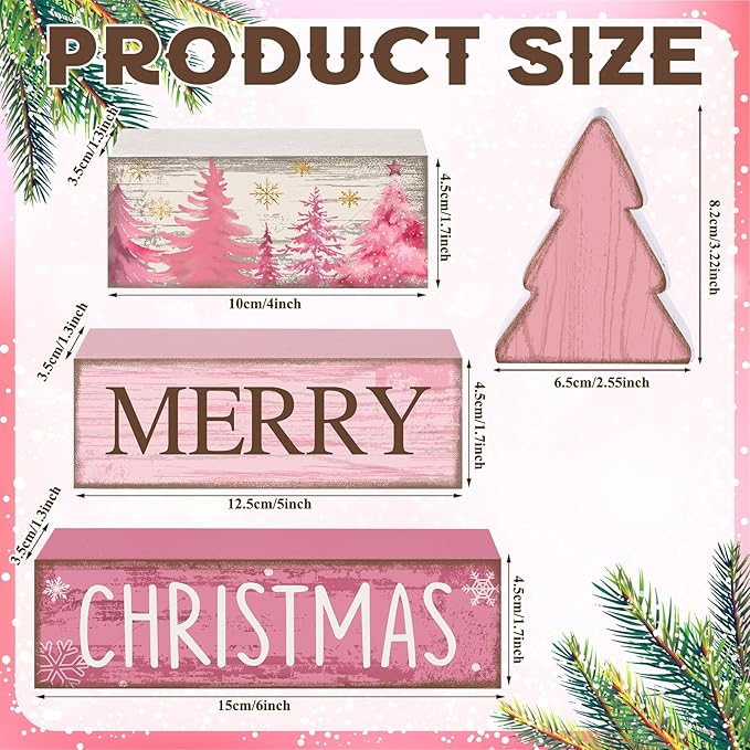 4 Pcs Christmas Table Decoration Wooden Pink Christmas Tree