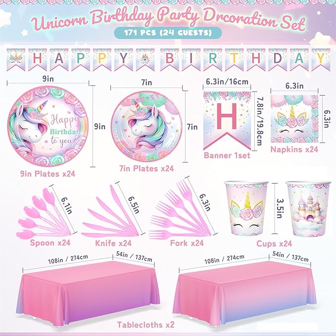 171Pcs Unicorn Birthday Party Supplies with Plates Cups Napkins