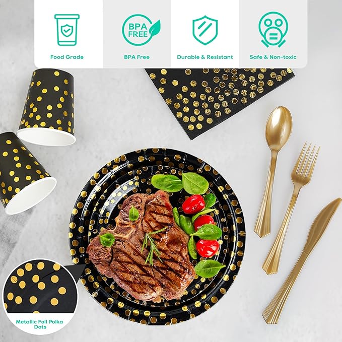 Black and Gold Party Supplies - 350 PCS Disposable Dinnerware Set -