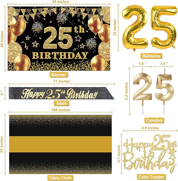 25th Birthday Decorations Men Women with 25th Birthday Banner Black