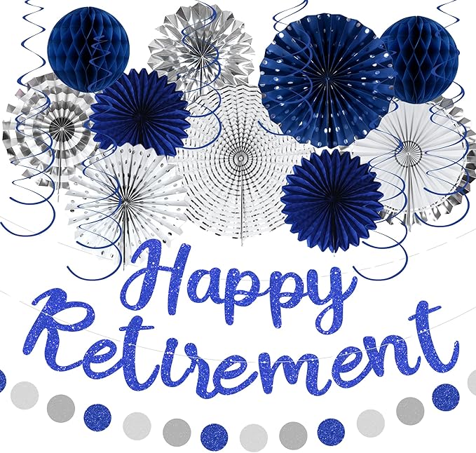 Blue Retirement Party Decorations for Men Women Silver Blue 19pc