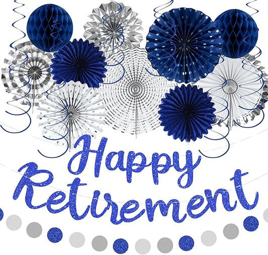 Blue Retirement Party Decorations for Men Women Silver Blue 19pc