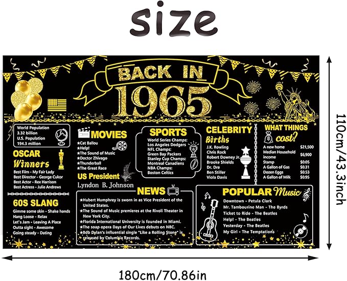 DARUNAXY 61st Birthday Black Gold Party Decoration, Back in 1965