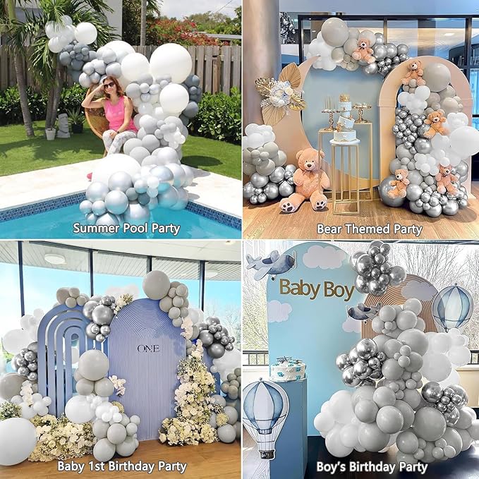 KARLURE White Silver Balloon Arch Kit Garland with Grey Clear