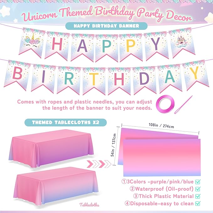171Pcs Unicorn Birthday Party Supplies with Plates Cups Napkins