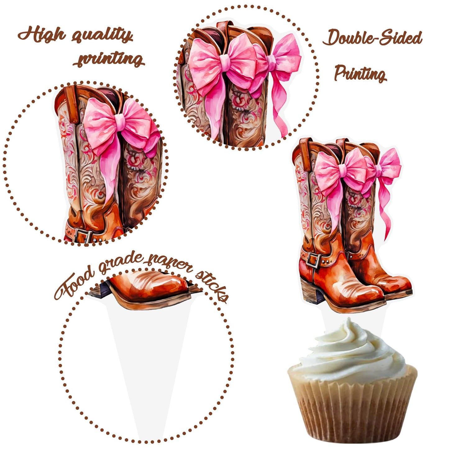 Western Cowgirl Bow Cupcake Toppers 48Pcs Brown Pink Cowgirls Birthday