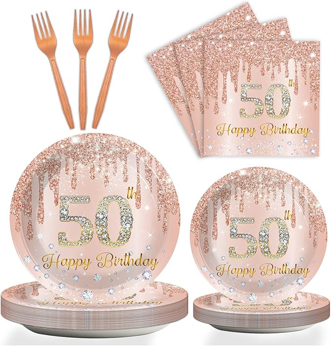 96 Pieces 50th Birthday Tableware Set for Pink Rose Gold 50th