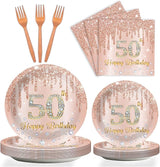 96 Pieces 50th Birthday Tableware Set for Pink Rose Gold 50th