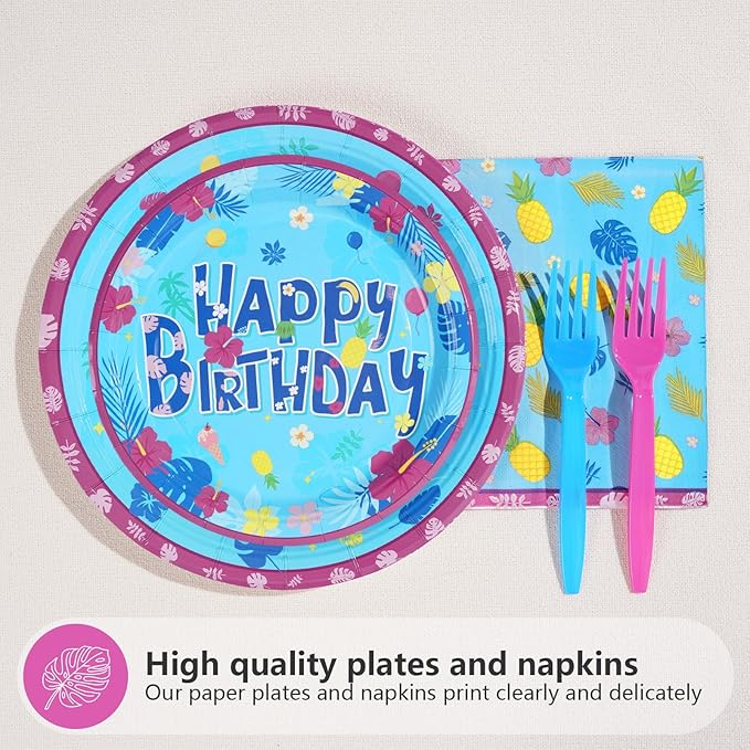 96Pcs Hawaiian Birthday Decorations Tropical Luau Blue Cartoon