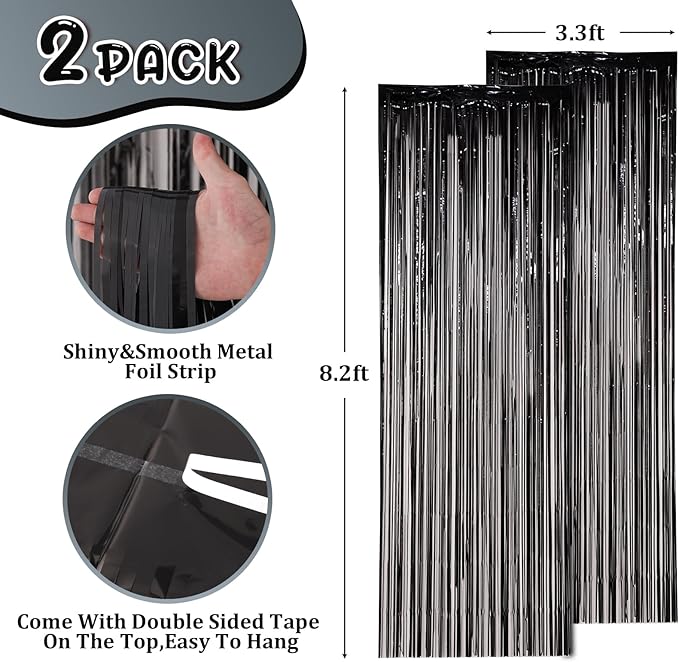 Voircoloria 2 Pack Black Foil Fringe Backdrop Curtains, Tinsel