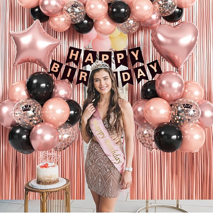 Rose Gold Birthday Decorations Black & Rose Gold Balloons Happy