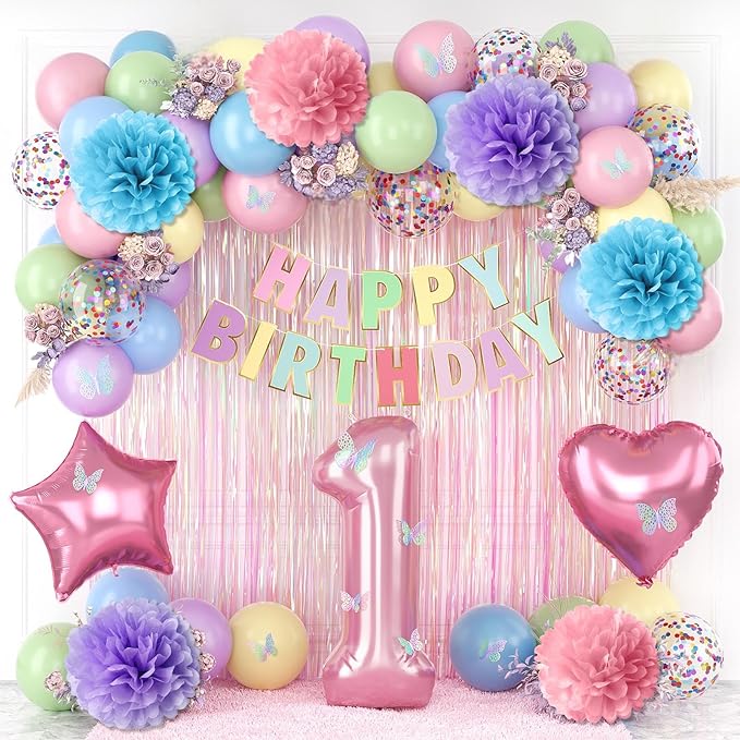 Pastel 1st Birthday Party Decorations for Girls Number 1 Balloon