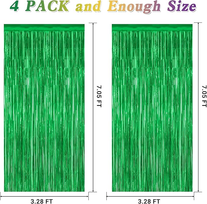 4 Pack Green Streamers, 3.28 FT x 7.05 FT Birthday Tinsel Backdrop,