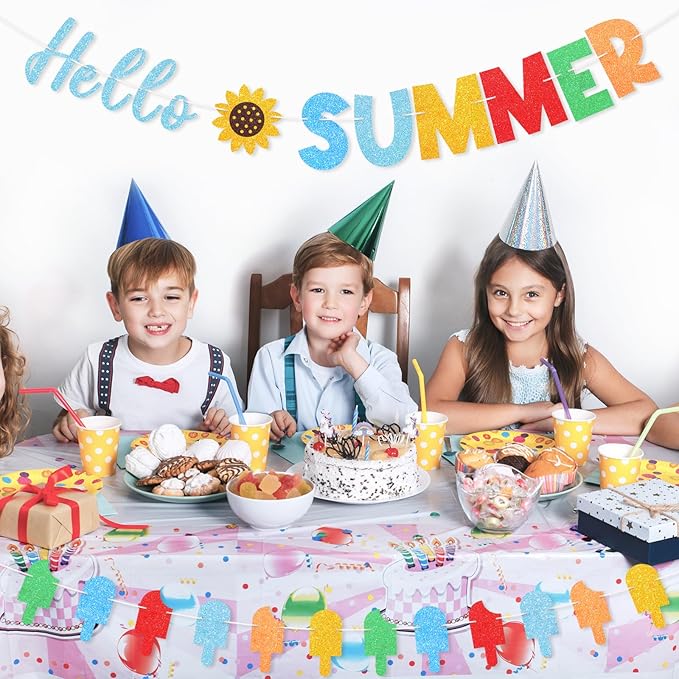 Hello Summer Banner Colorful Glitter Hello Summer Ice Cream Garland