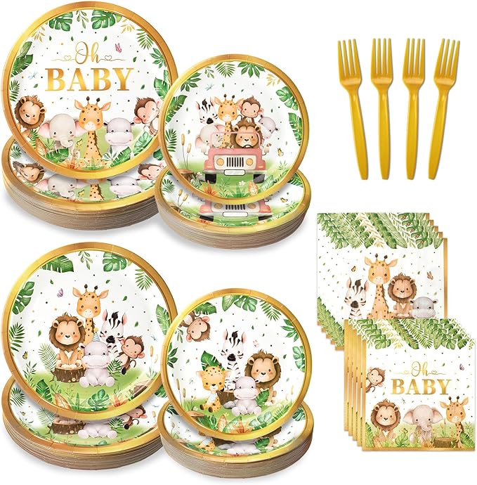 96 Pcs Safari Baby Shower Plates and Napkins Tableware Set Serves 24