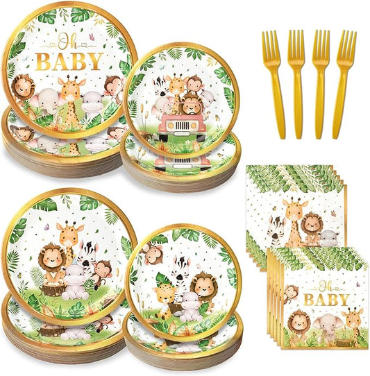 96 Pcs Safari Baby Shower Plates and Napkins Tableware Set Serves 24