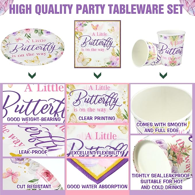 200 Pcs Butterfly Baby Shower Paper Plates Napkins Cups Girl Shower