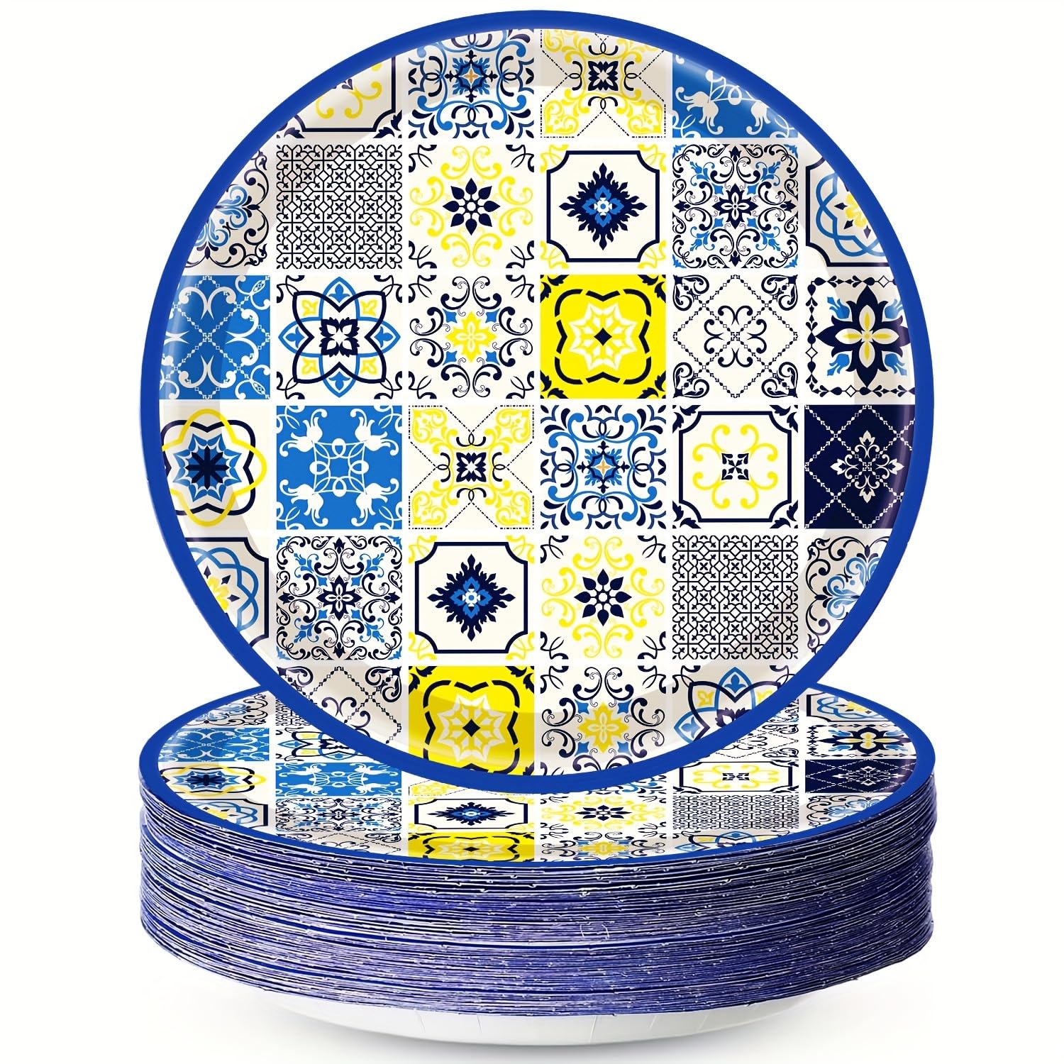 50PCS Capri Lemon Party Supplies 7"Capri Lemon Paper Plates Blue Tiles