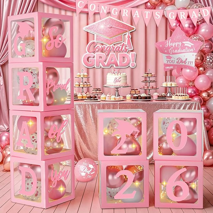 Pink Graduation Decorations Class of 2026 - Set of 4 Balloons Boxes