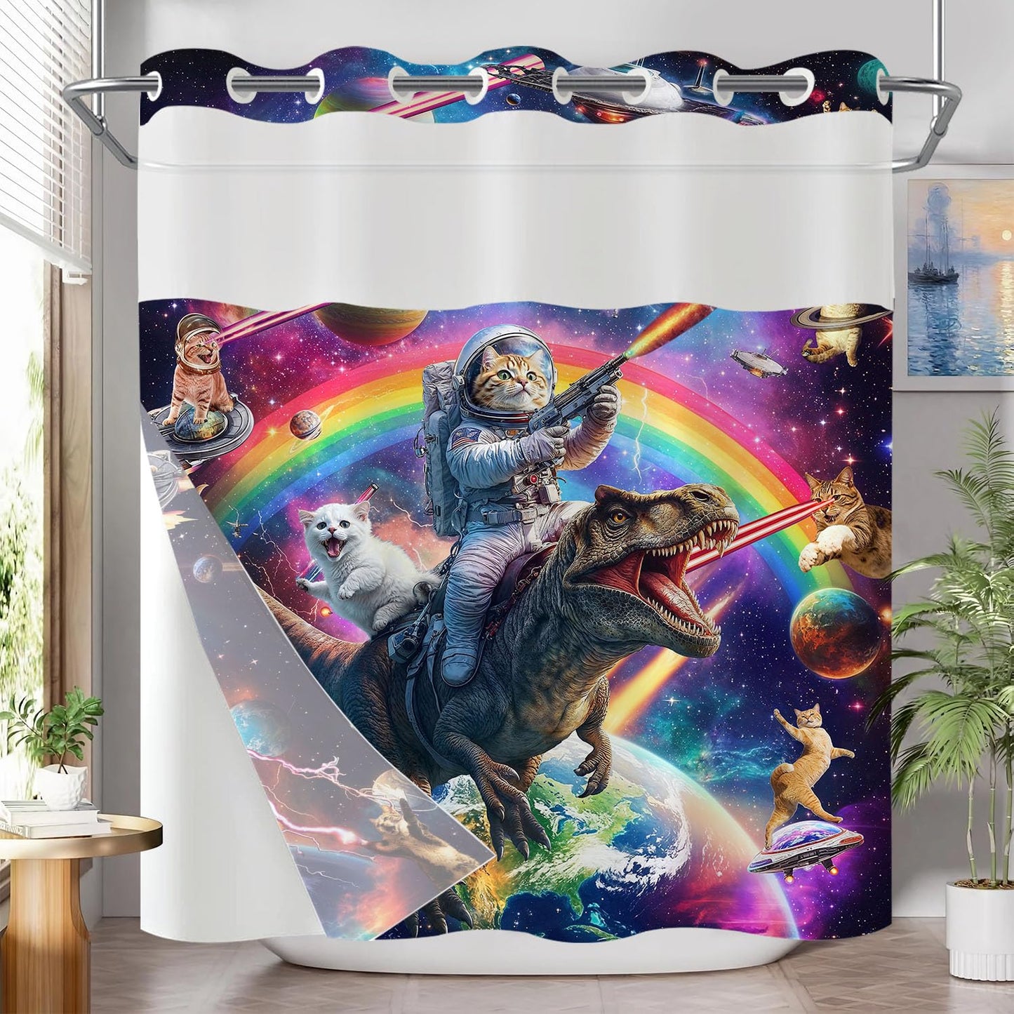 Fowocu No Hook Shower Curtain with Snap in Liner Funny Cat Dinosaur