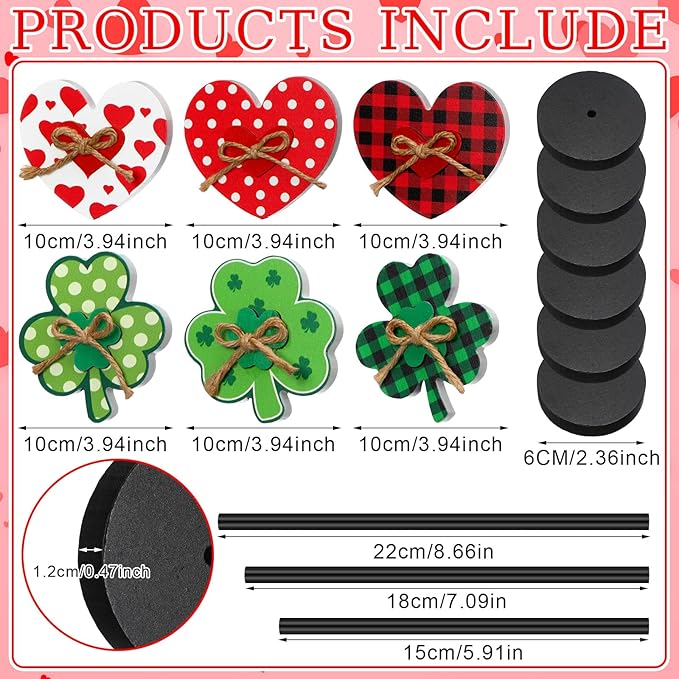 6 Pcs St Patricks Day and Valentines Day Decorations Shamrock Heart