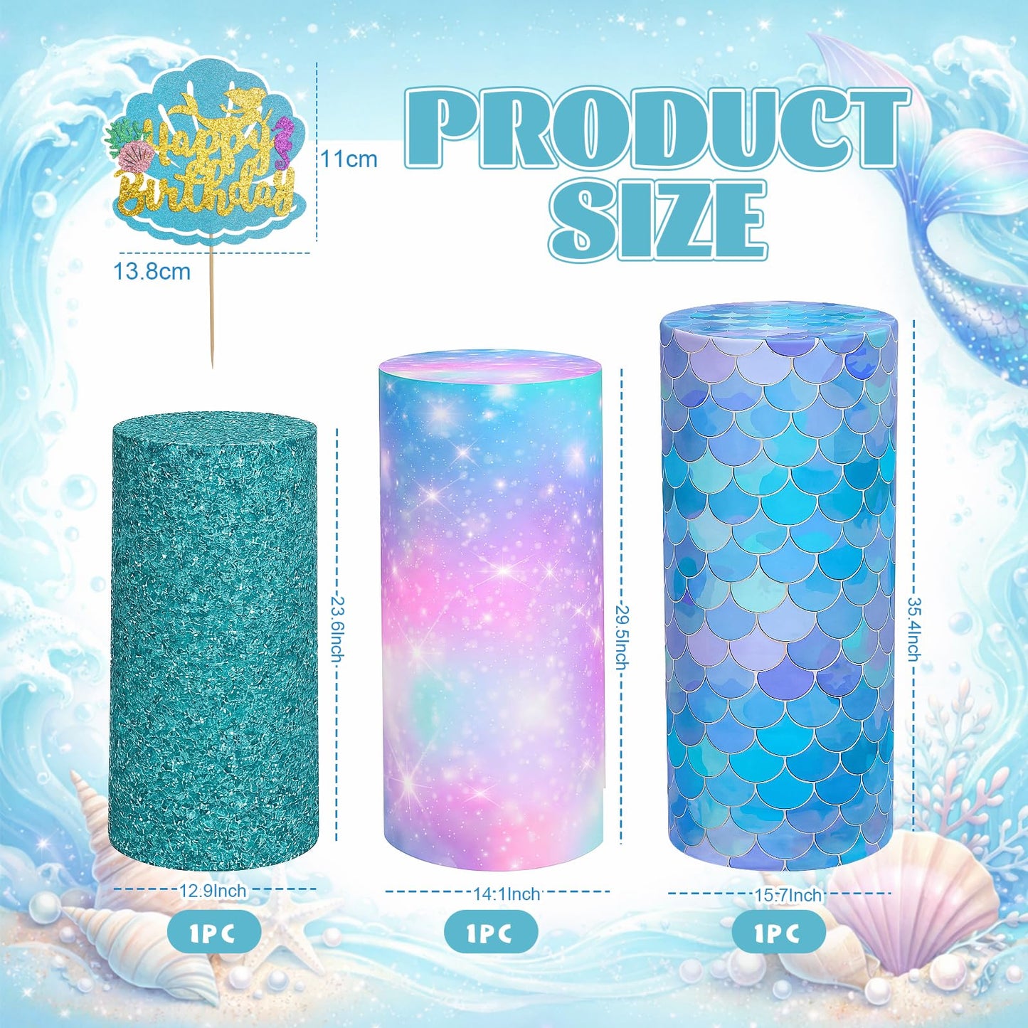 Mindsoft Set of 3 Mermaid Spandex Cylinder Stand Covers for Party,