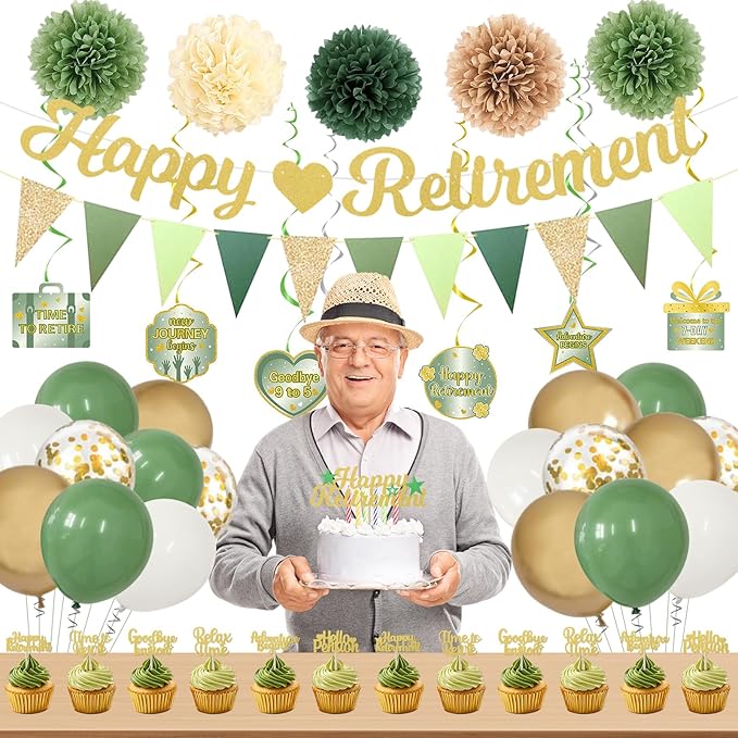 Retirement Party Decorations Women Men Green Happy Retirement Banner