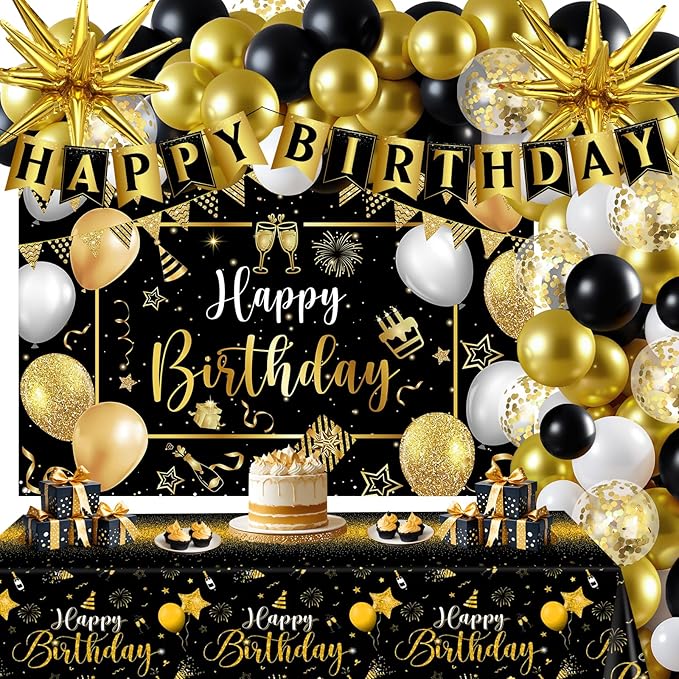 Black Gold Birthday Party Decorations for Men Women 63Pcs Black and