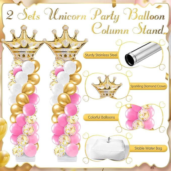2 Sets Princess Party Balloon Column Stand Kit with 2 Crown Foil