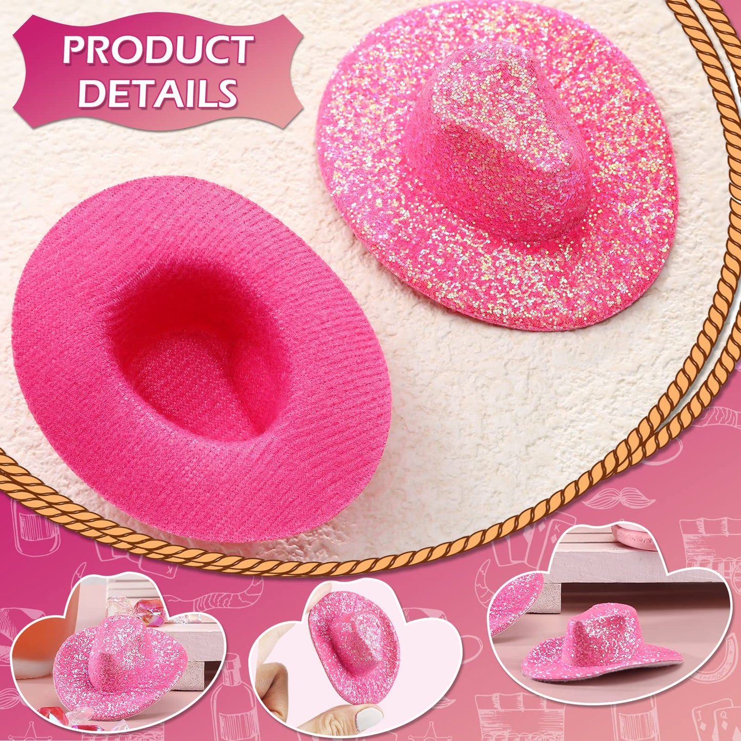 Vesici 20 Pcs Mini Cowgirl Hats Western Tiny Glitter Cowboy Shot