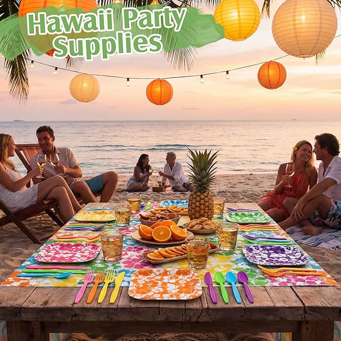 240 Pcs Hibiscus Party Square Plates and Napkins Hawaiian Theme