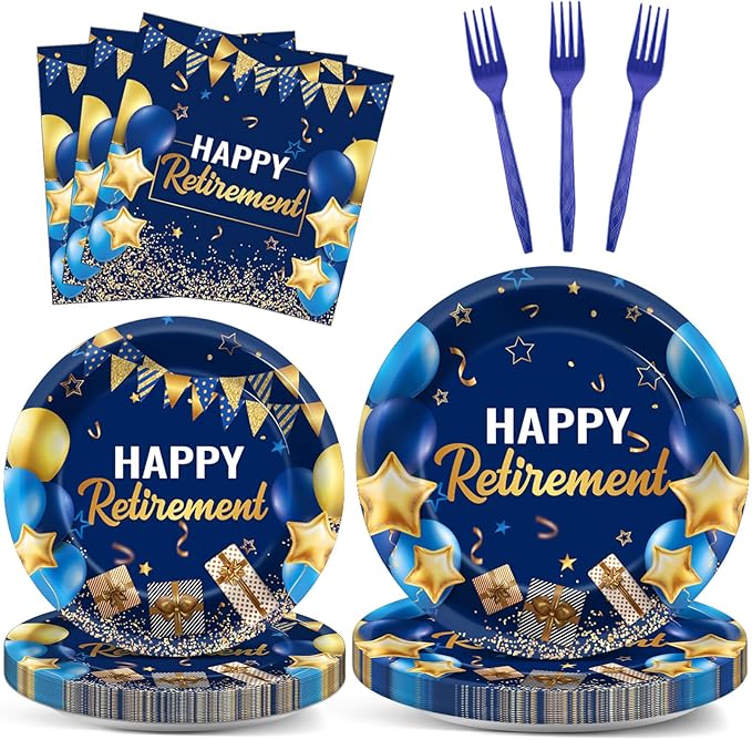 96 Pcs Retirement Party Supplies Paper Plates Napkins Blue Gold