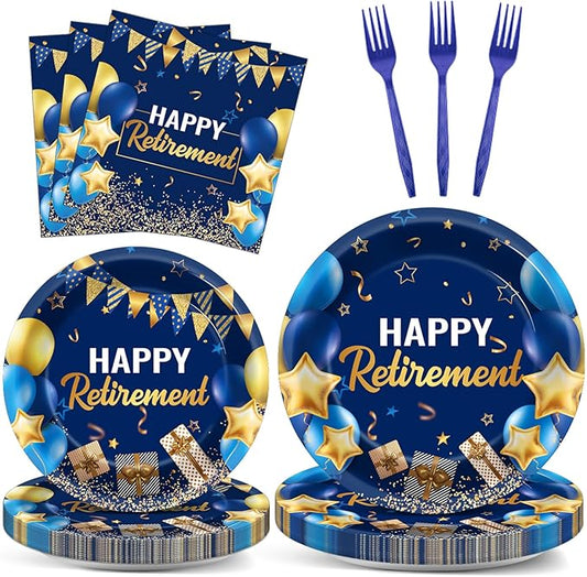 96 Pcs Retirement Party Supplies Paper Plates Napkins Blue Gold