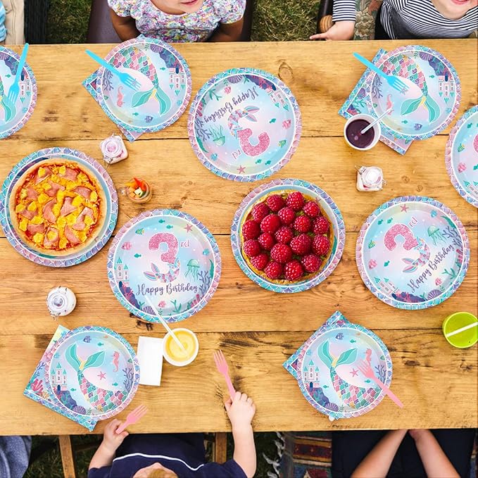96Pcs Mermaid 3rd Birthday Party Decorations Mermaid 3rd Plates and