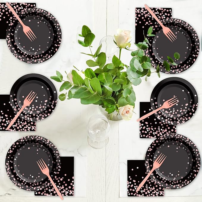 96PCS Black and Rose Gold Party Supplies Rose Gold Paper Plates
