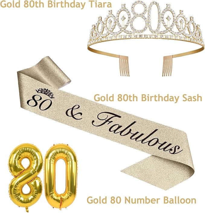 80th Birthday Decorations for Women Gold with 80th Birthday Sash and