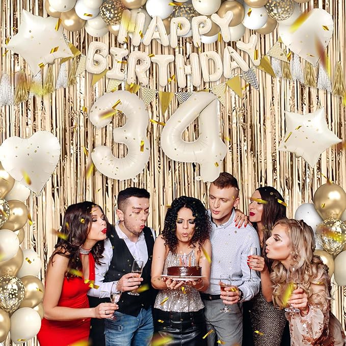 34th Birthday Decorations for Women, White and Gold 34 Boho Birthday