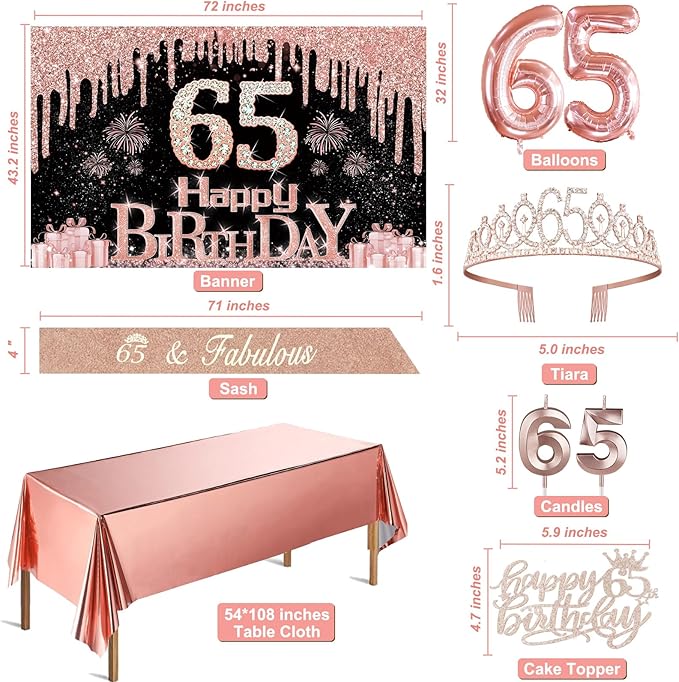 65th Birthday Decorations for Women with Banner Rose Gold Tablecloth