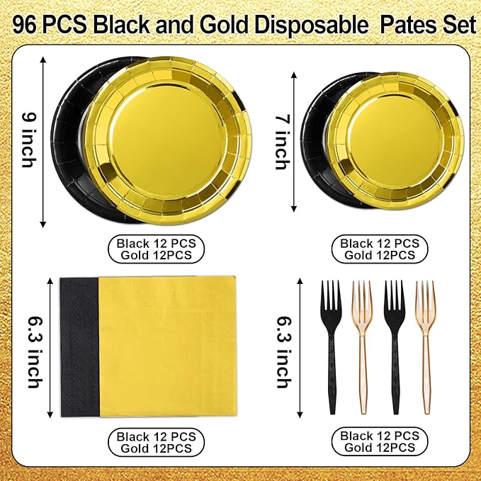 96Pcs Black and Gold Birthday Party Decorations Black and Gold Paper