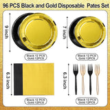 96Pcs Black and Gold Birthday Party Decorations Black and Gold Paper