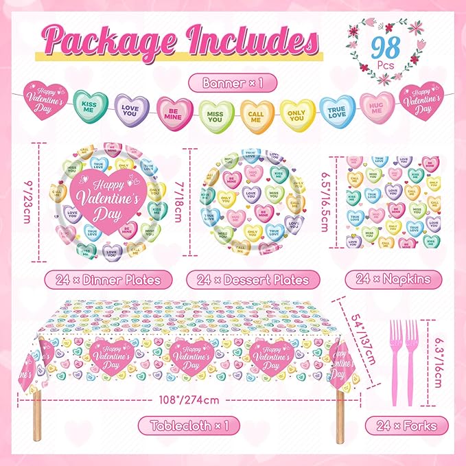 98Pcs Valentines Day Plates and Napkins Conversation Hearts Party