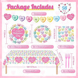 98Pcs Valentines Day Plates and Napkins Conversation Hearts Party