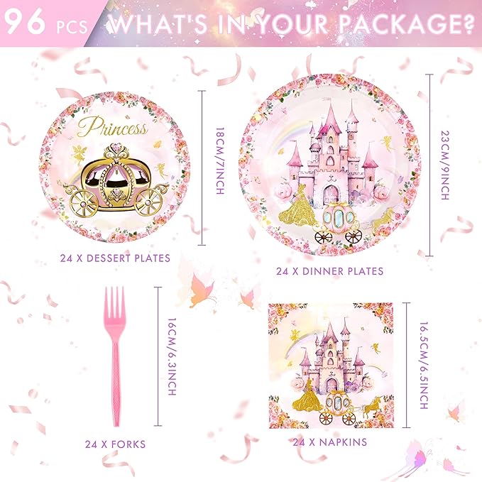 96 PCS Princess Party Plates Serve 24 Princess Plates and Napkins