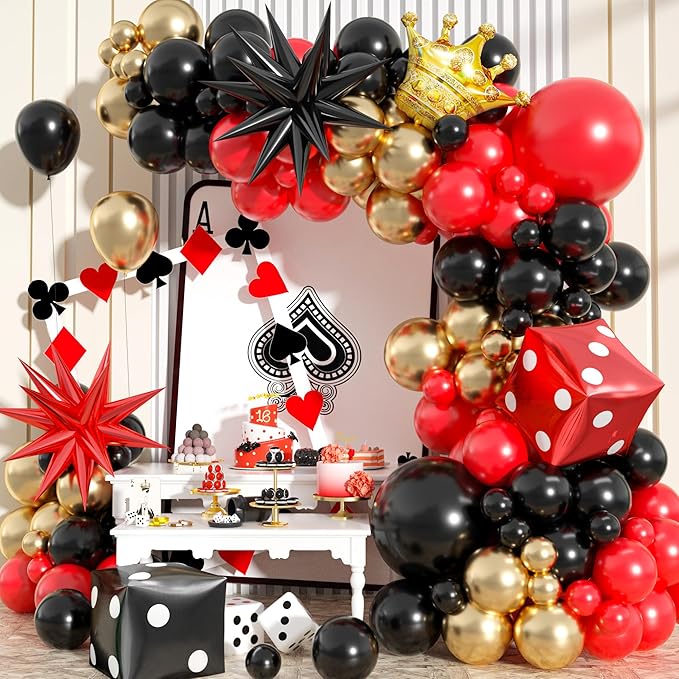 Casino Theme Balloon Arch Kit 104 Pcs Red Black and Gold Metallic