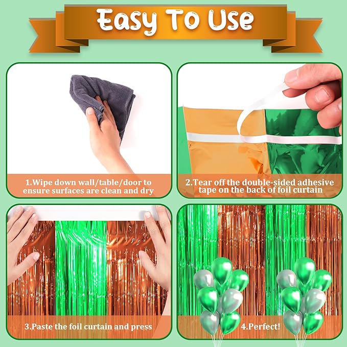 Voircoloria 3 Pack 3.3 x 8.2 ft Green and Brown Foil Fringe Backdrop