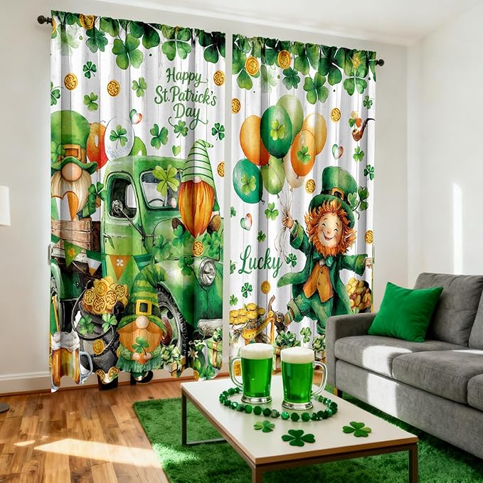 2 Pcs St Patrick's Day Curtains for Living Room Green Shamrock Truck